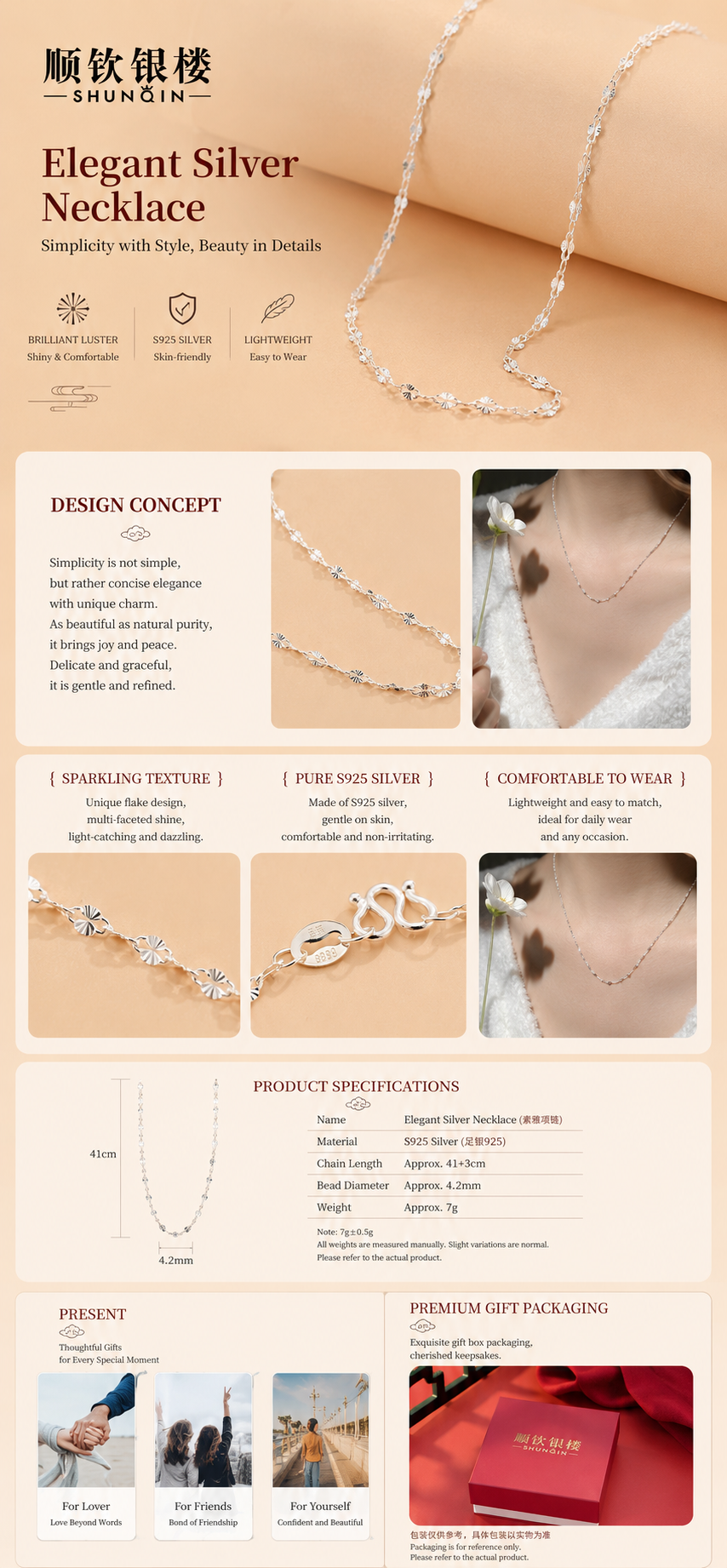 925 Sterling Silver Sparkle Chain Necklace – Minimalist Oriental Jewelry, Elegant Layering Chain, Lightweight Luxury Silver Necklace
