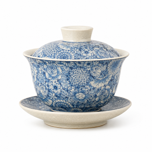 Blue Blossom 150 mL gaiwan with layered blue floral pattern, lid, brewing bowl and matching saucer