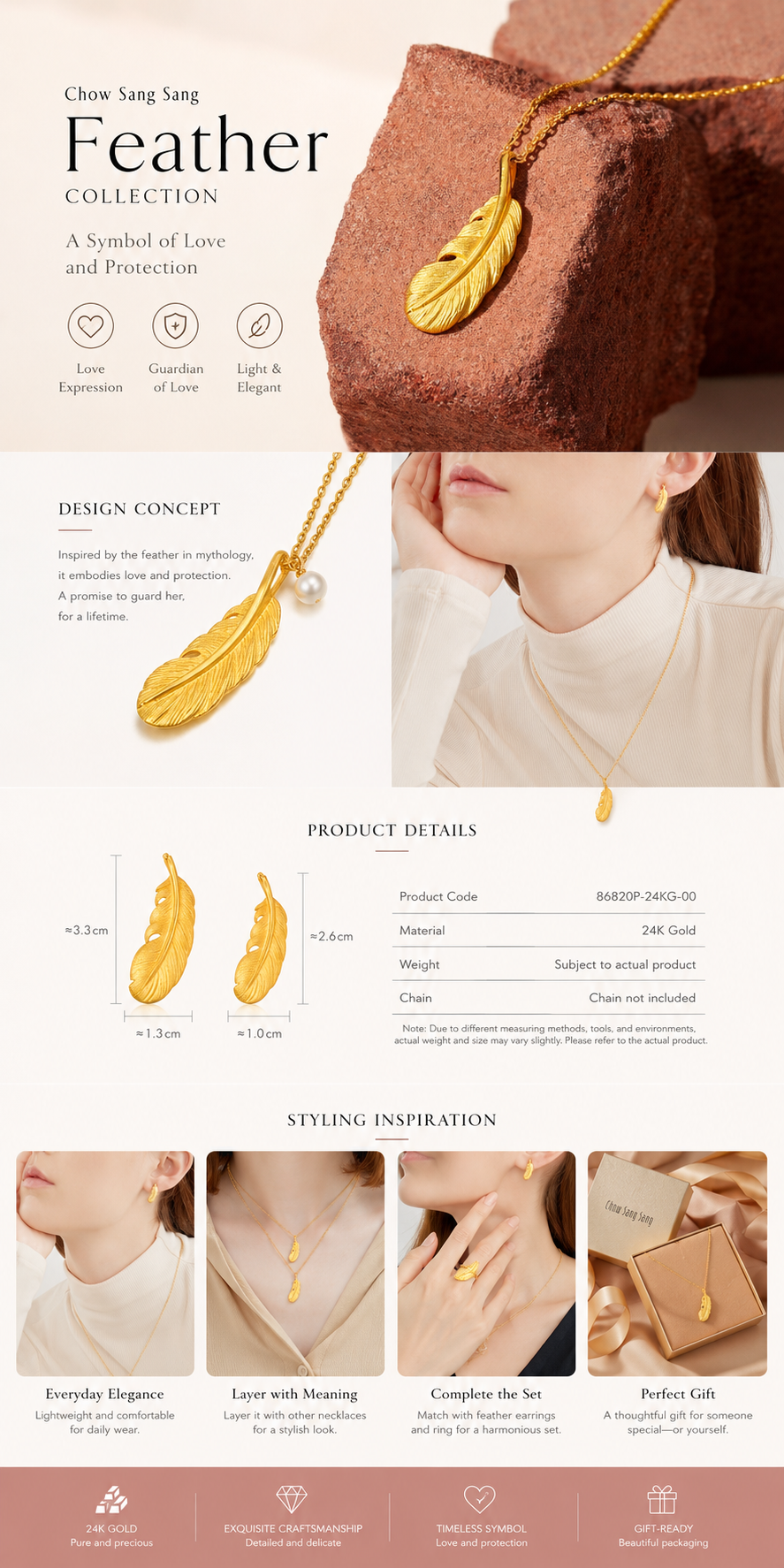 999 Pure Gold Feather Pendant A Symbol of Freedom, Courage & New Beginnings