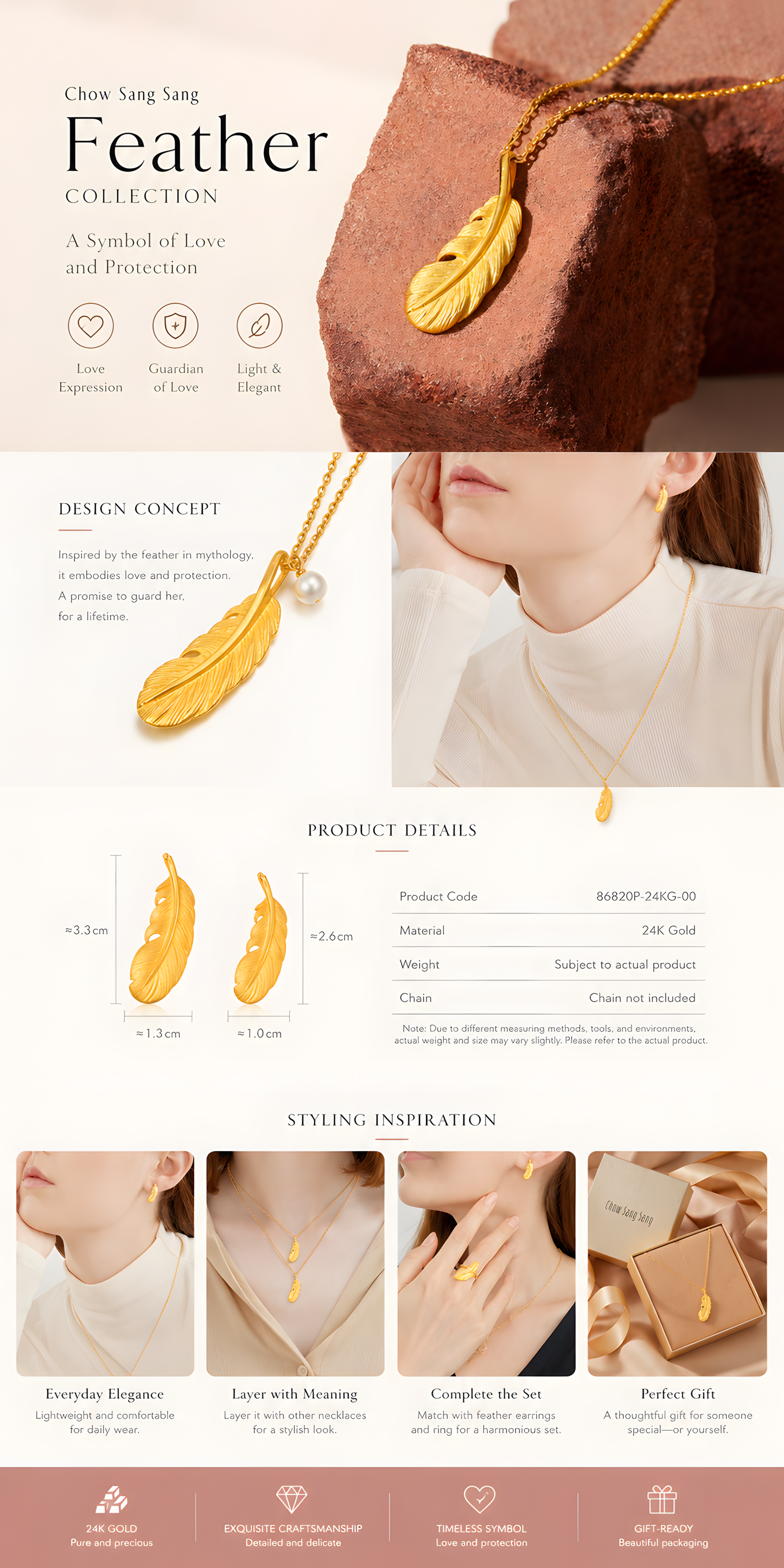 999 Pure Gold Feather Pendant A Symbol of Freedom, Courage & New Beginnings