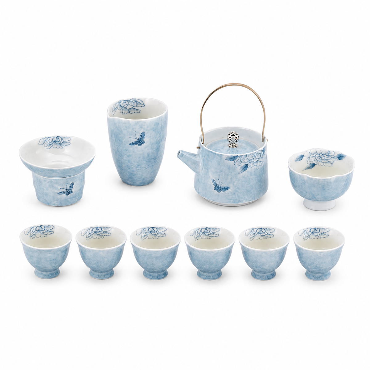 Butterfly Blossom hand-painted Gongfu tea set with overhead-handle teapot, fairness pitcher, six tea cups and host cup