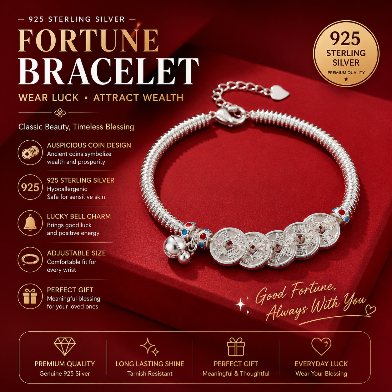 925 Pure Silver Lucky Coin Bracelet – Chinese Feng Shui Wealth Bracelet, Vintage Fortune Charm Jewelry for Women