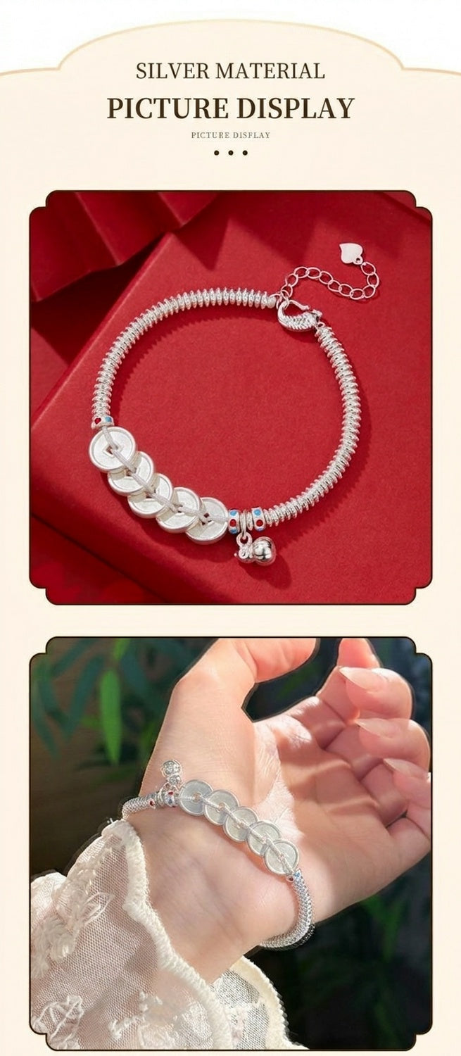 925 Pure Silver Lucky Coin Bracelet – Chinese Feng Shui Wealth Bracelet, Vintage Fortune Charm Jewelry for Women