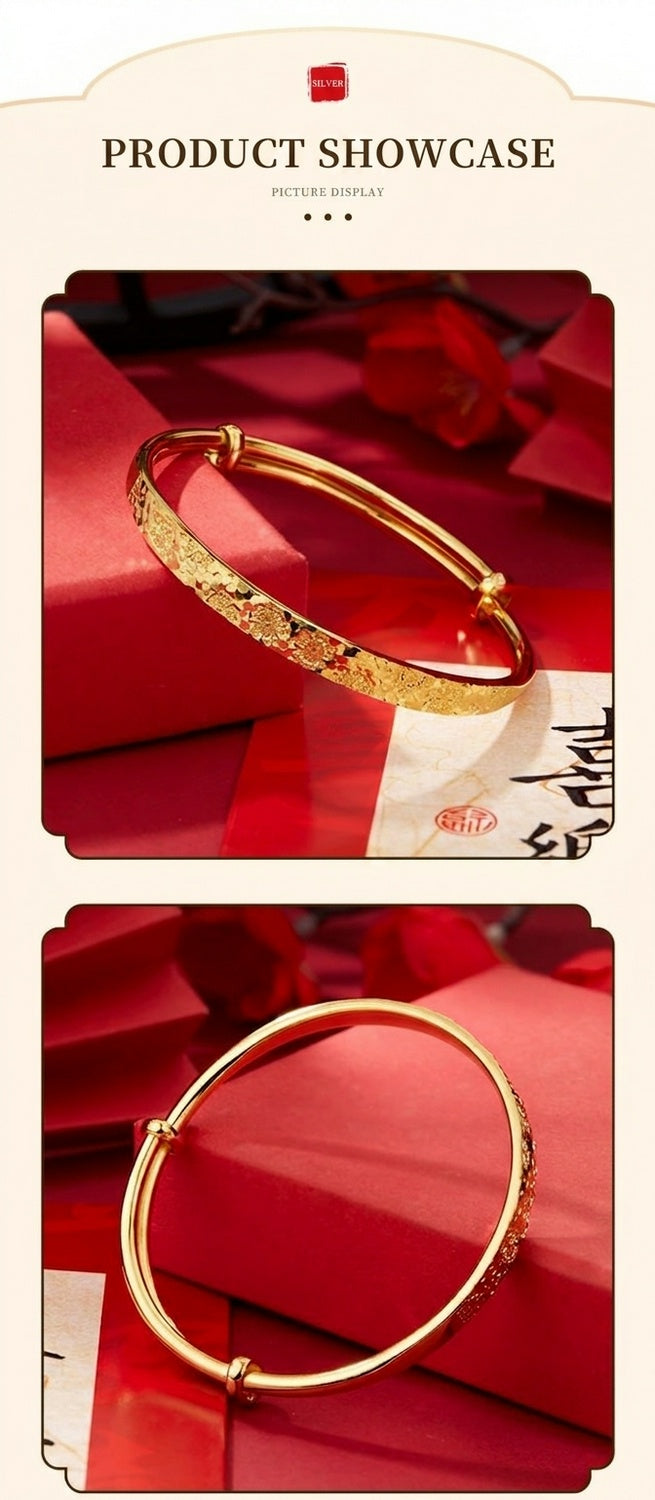925 Pure Silver Sakura Adjustable Bangle – Vintage Chinese Floral Bracelet, Luxury Gold Tone Push-Pull Cuff Jewelry for Women