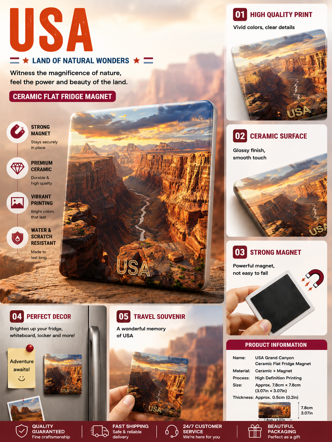 USA Grand Canyon Ceramic Fridge Magnet – American Canyon Travel Souvenir Magnet | Desert Landscape Refrigerator Decor Gift