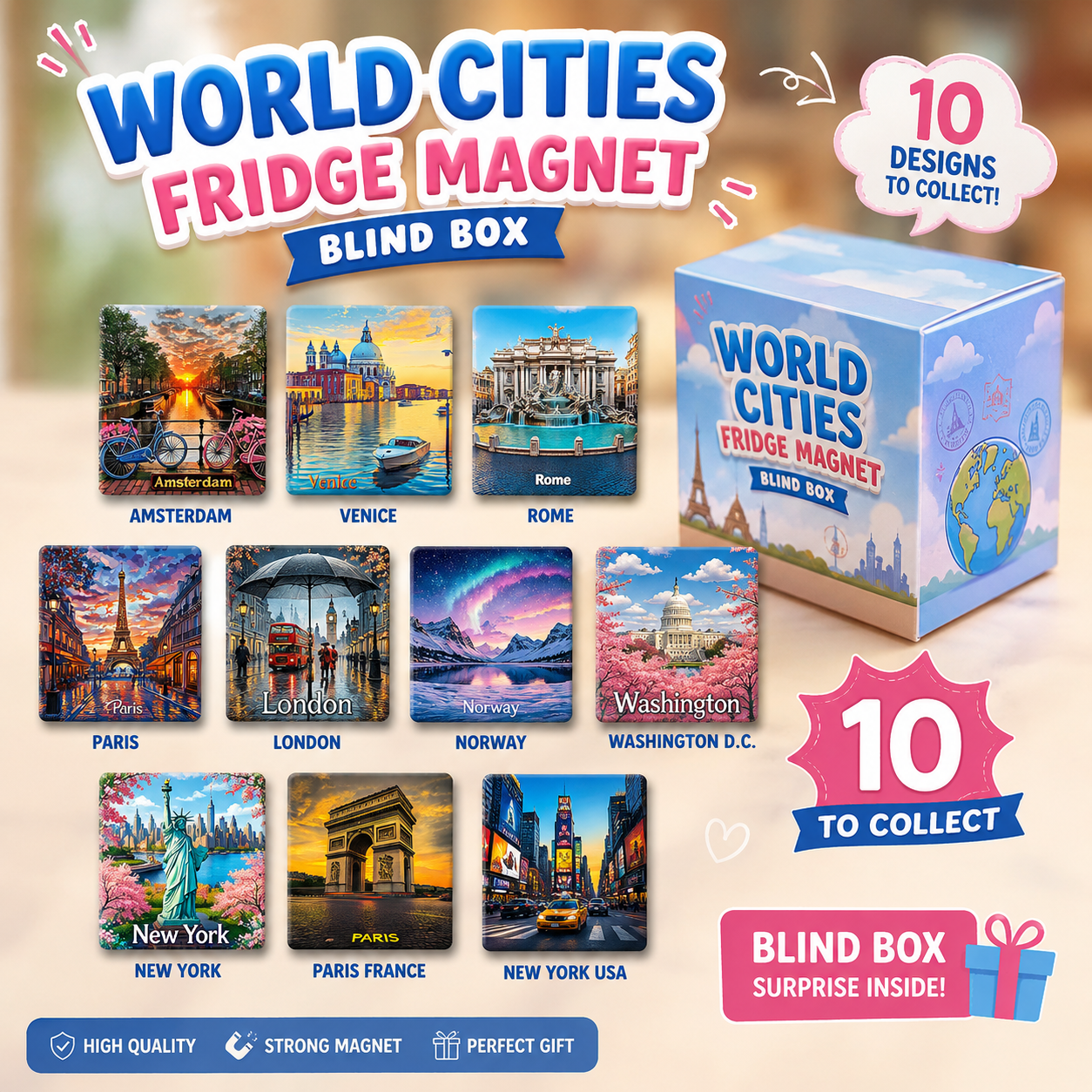 World Cities Fridge Magnet Blind Box of 10– Global Travel Collection | Collectible City Landmark Magnets | Wanderlust Home Decor & Gift