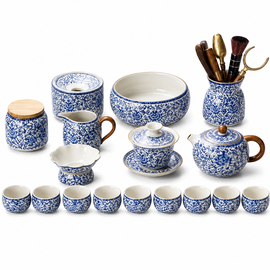 Complete Blue and White Ru Ware Gongfu tea set with Xishi teapot, overhead-handle teapot, gaiwan, fairness pitcher and eight tea cups