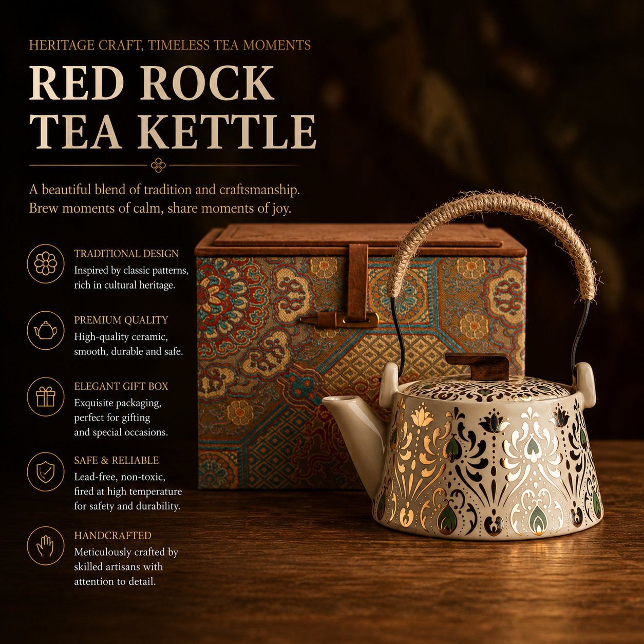 Red Rock Tea Kettle™ | Heritage Ceramic Tea Kettle with Wrapped Handle & Luxury Gift Box