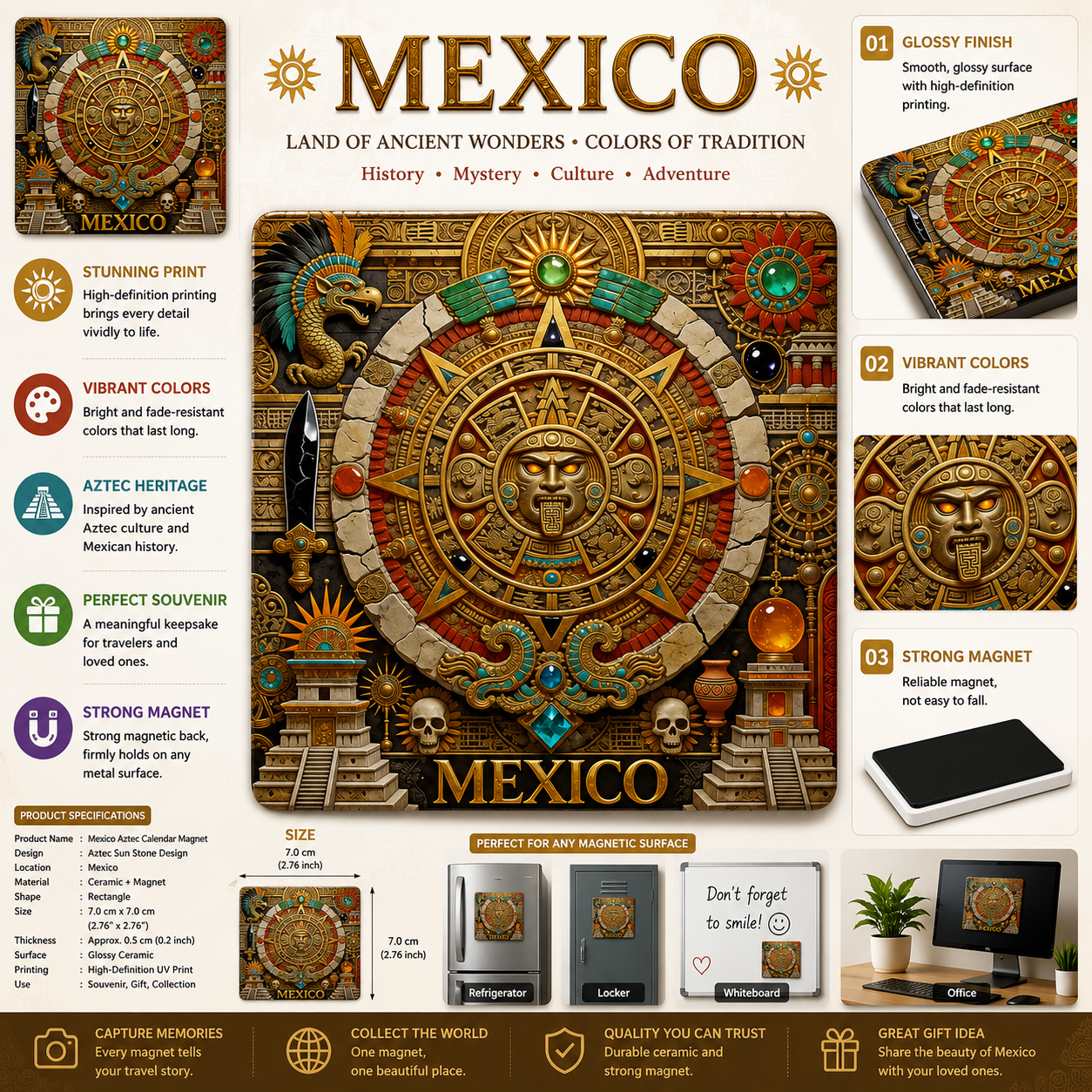 Mexico Aztec Sun Stone Ceramic Fridge Magnet