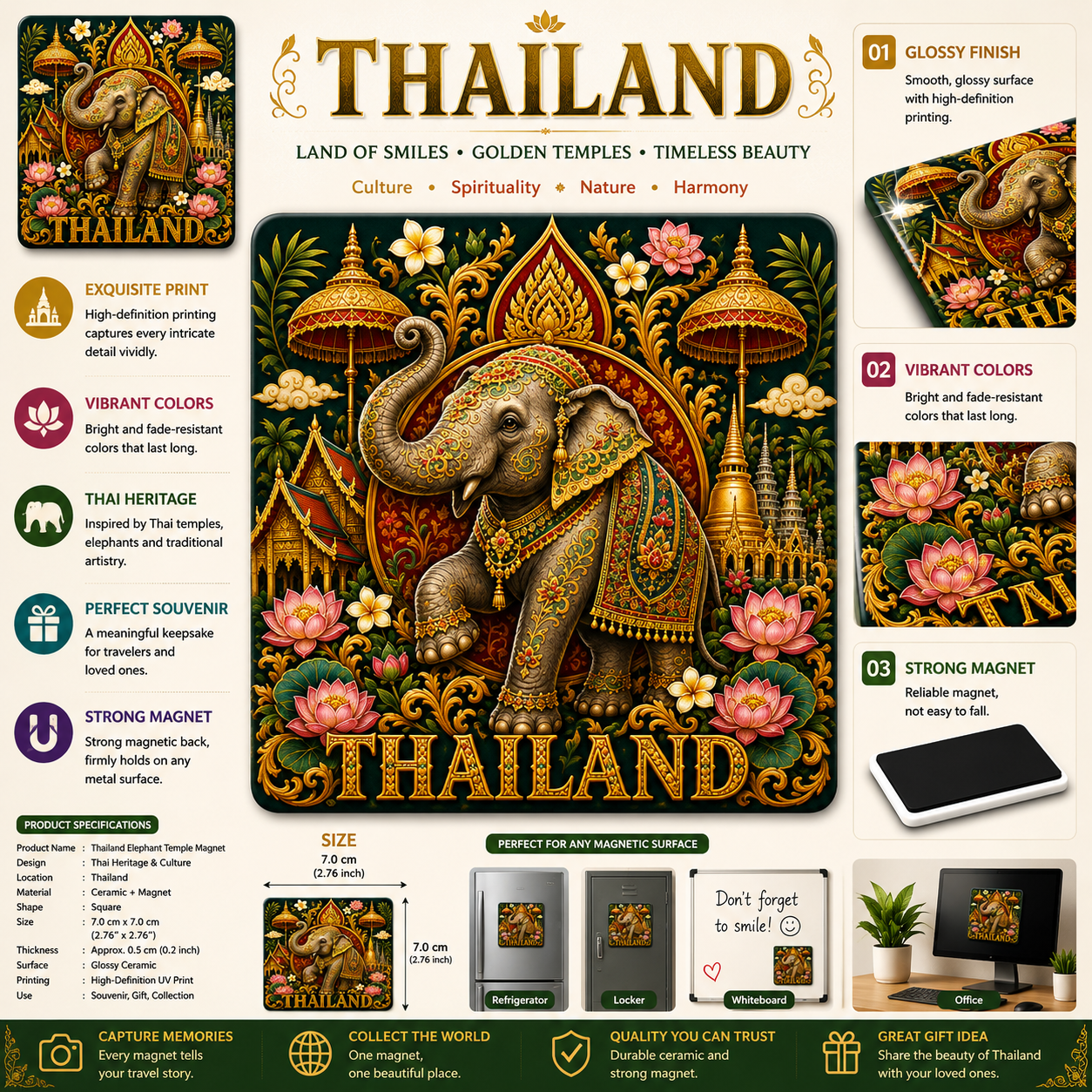 Thailand Elephant & Lotus Ceramic Fridge Magnet
