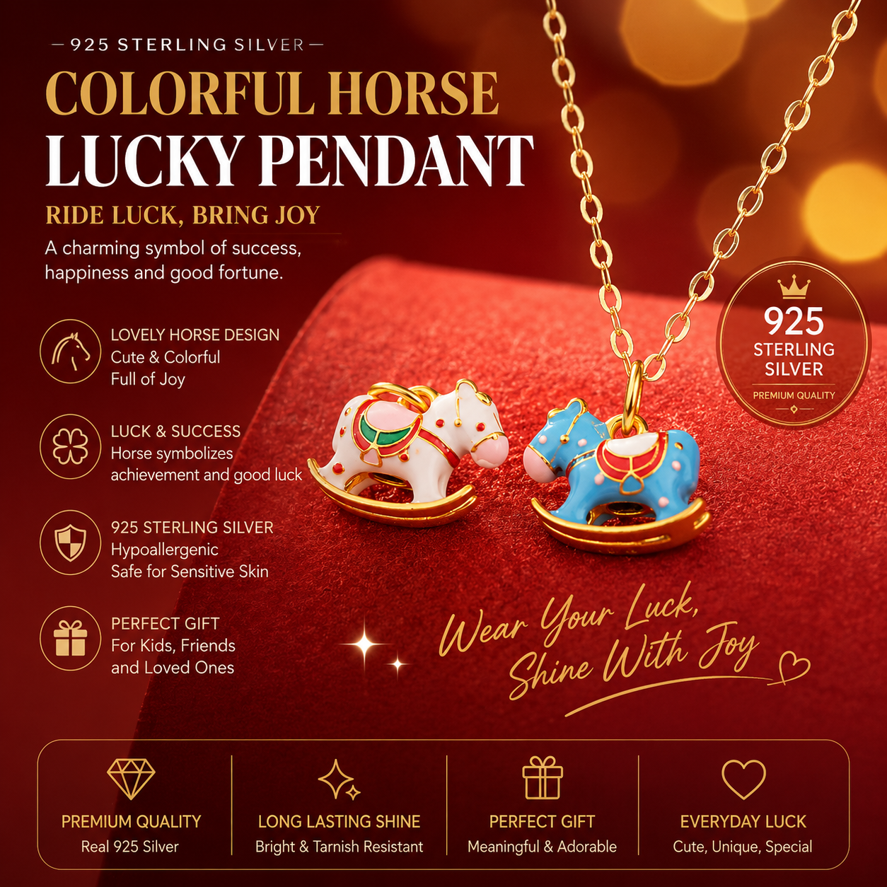Lucky Tang Horse™ Necklace – 925 Sterling Silver Enamel Lucky Horse Charm