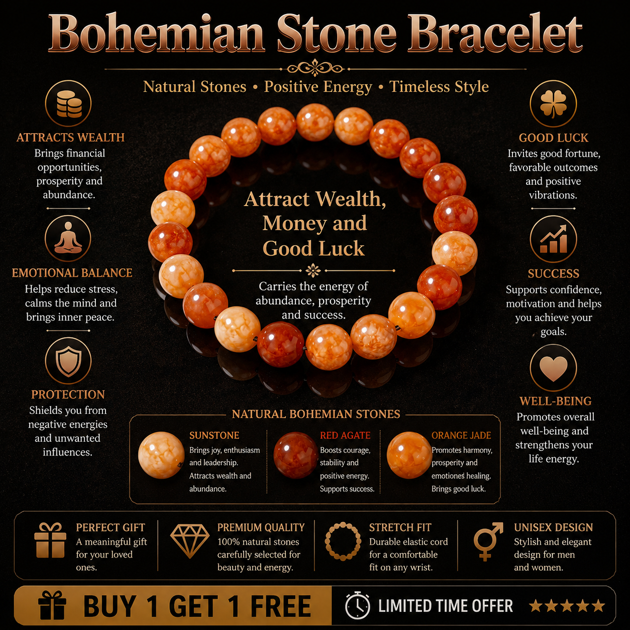Bohemian Harmony Stone Bracelet™ | Positive Energy & Wellness Jewelry