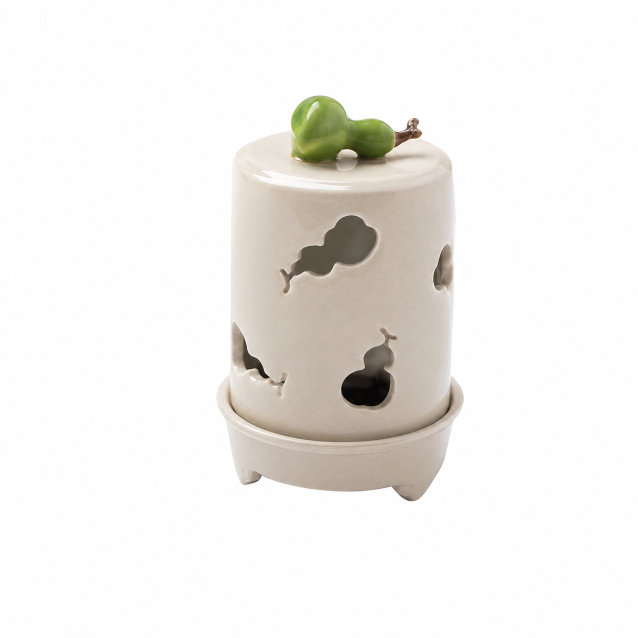 Handcrafted ivory ceramic Calabash Incense Burner with decorative hulu cutouts and miniature green calabash lid, designed for incense cones, meditation, tea ceremonies, and Zen home décor.