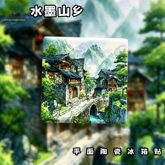 Ink Wash Mountain Village Ceramic Fridge Magnet – Chinese Countryside Landscape Refrigerator Magnet, Oriental Cottagecore Home Decor Gift