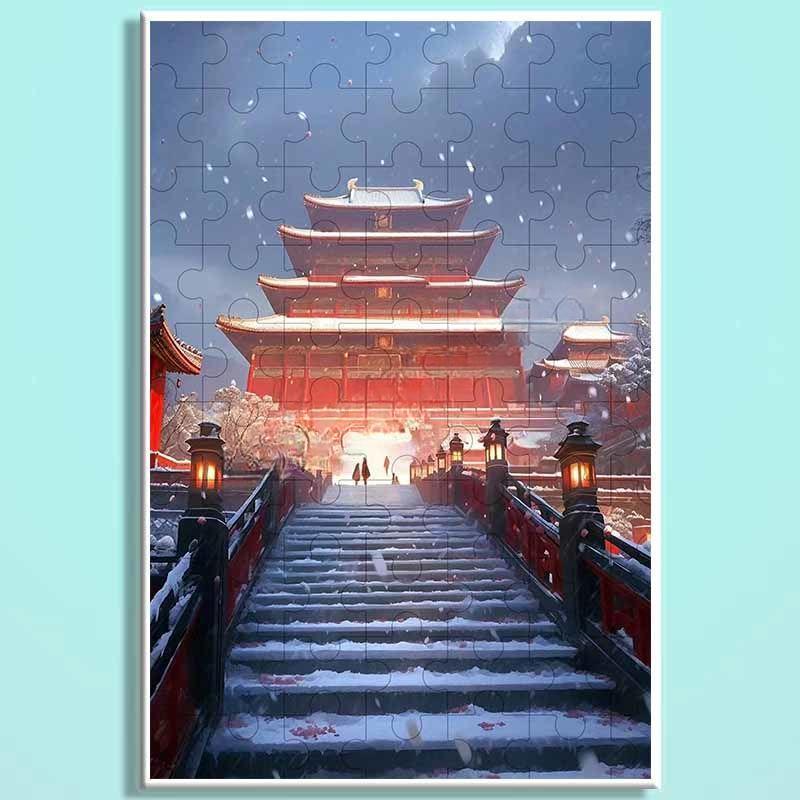 Forbidden City Snowfall Wooden Puzzle – Chinese Palace Winter Landscape Jigsaw, Oriental Snow Scene Puzzle Art for Adults & Cozy Home Decor FC008