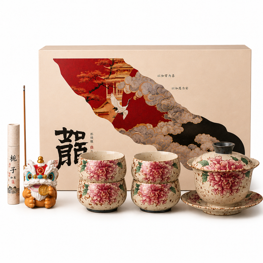 Peony Blossom Prosperity Gaiwan Tea Gift Set™ | Luxury Chinese Tea Ceremony Gift Box