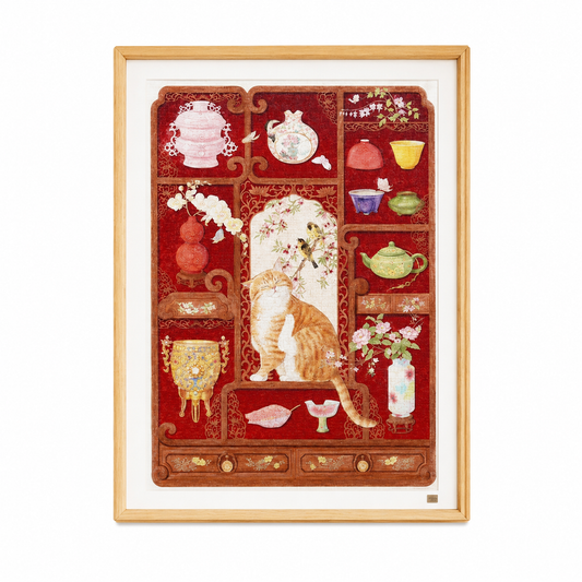 Oriental Cat Art Jigsaw Puzzle – Chinese Vintage Aesthetic Puzzle, Red Antique Cabinet Cat Wall Art, 1000 Piece Decorative Puzzle Gift for Adults