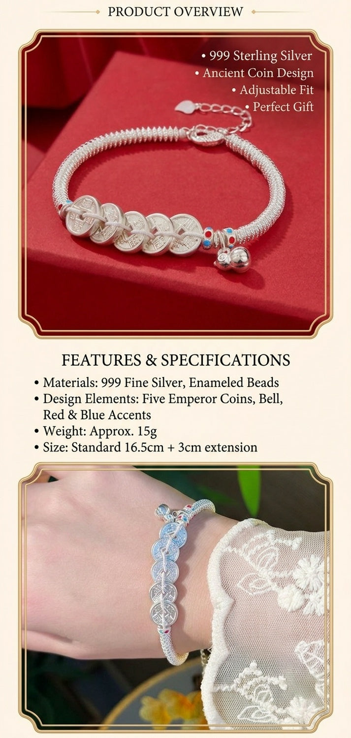 925 Pure Silver Lucky Coin Bracelet – Chinese Feng Shui Wealth Bracelet, Vintage Fortune Charm Jewelry for Women