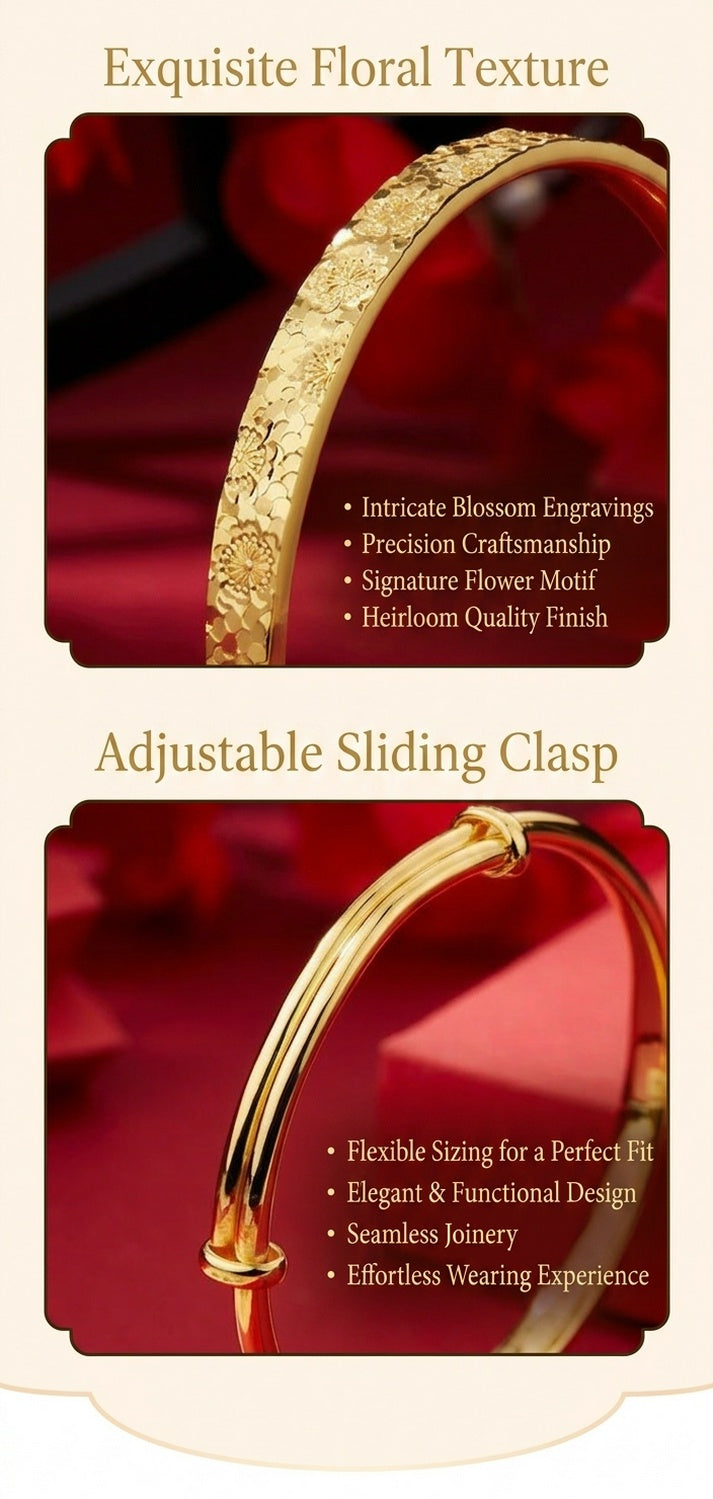 925 Pure Silver Sakura Adjustable Bangle – Vintage Chinese Floral Bracelet, Luxury Gold Tone Push-Pull Cuff Jewelry for Women