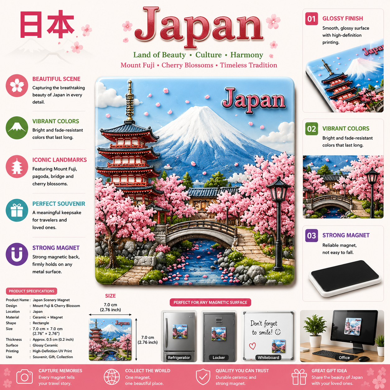 Japan Mount Fuji & Sakura Ceramic Fridge Magnet