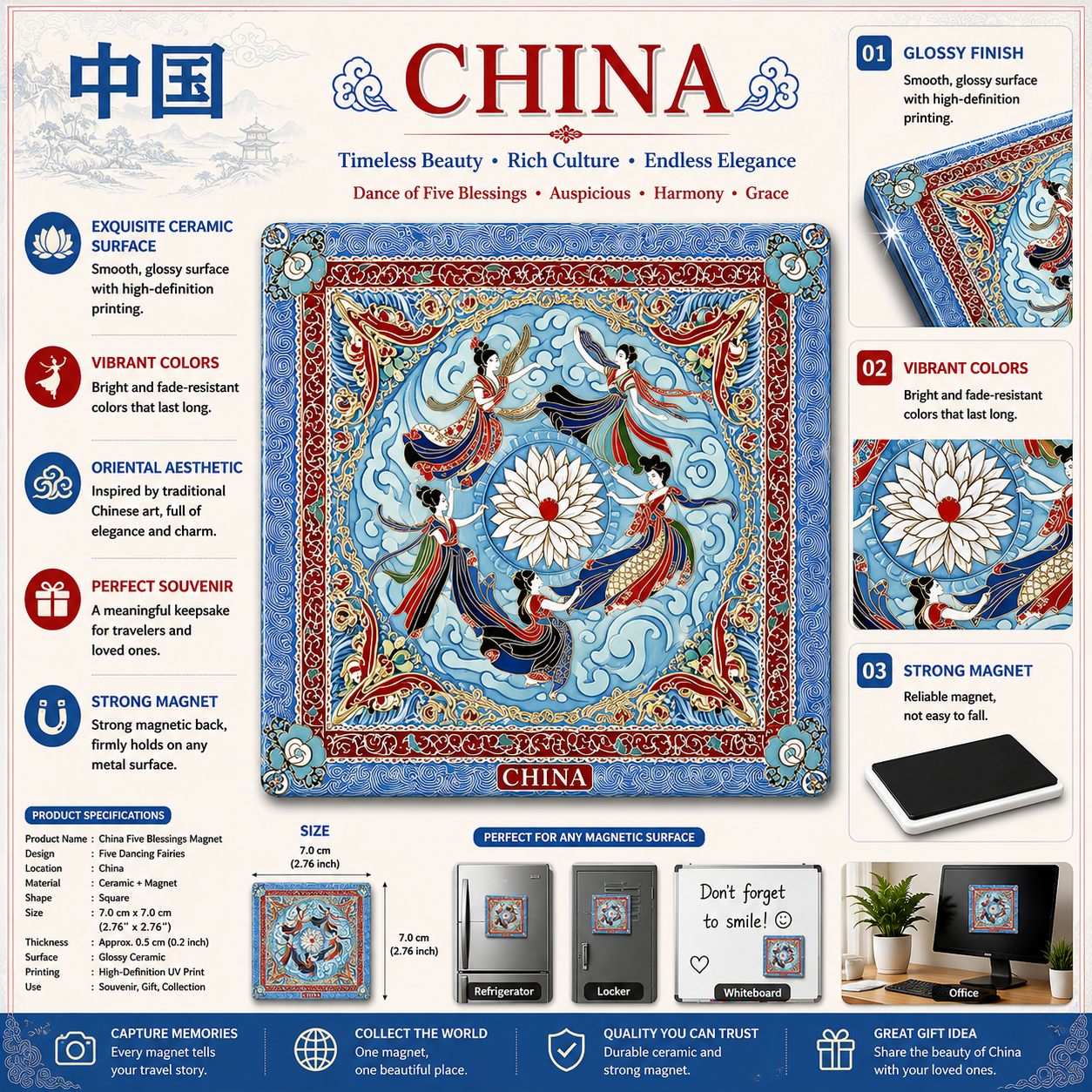 China Five Blessings Flying Apsaras Ceramic Fridge Magnet