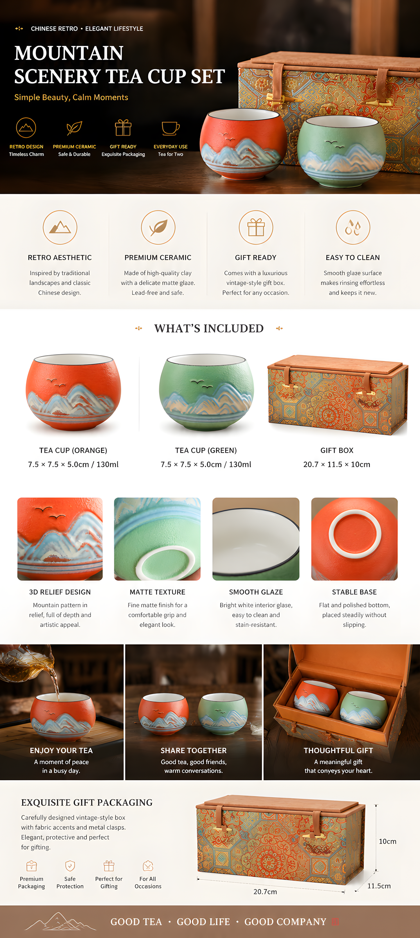 Mountain Harmony Ceramic Tea Cup Gift Set | Premium Chinese Tea Cups