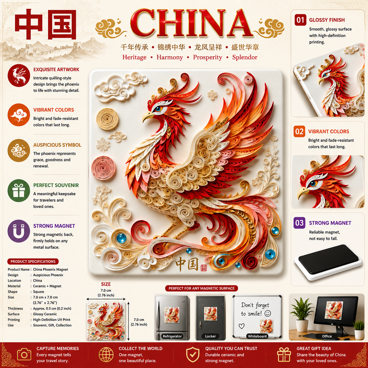 China Auspicious Phoenix Ceramic Fridge Magnet