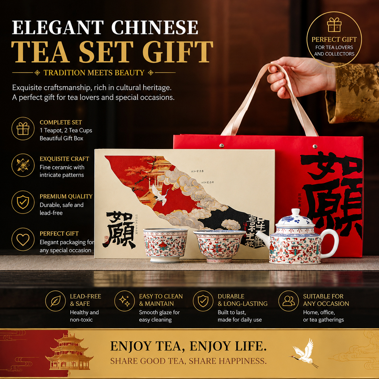 Elegant Chinese Ceramic Tea Set Gift Box – Traditional Teapot & Tea Cup Set for Tea Lovers