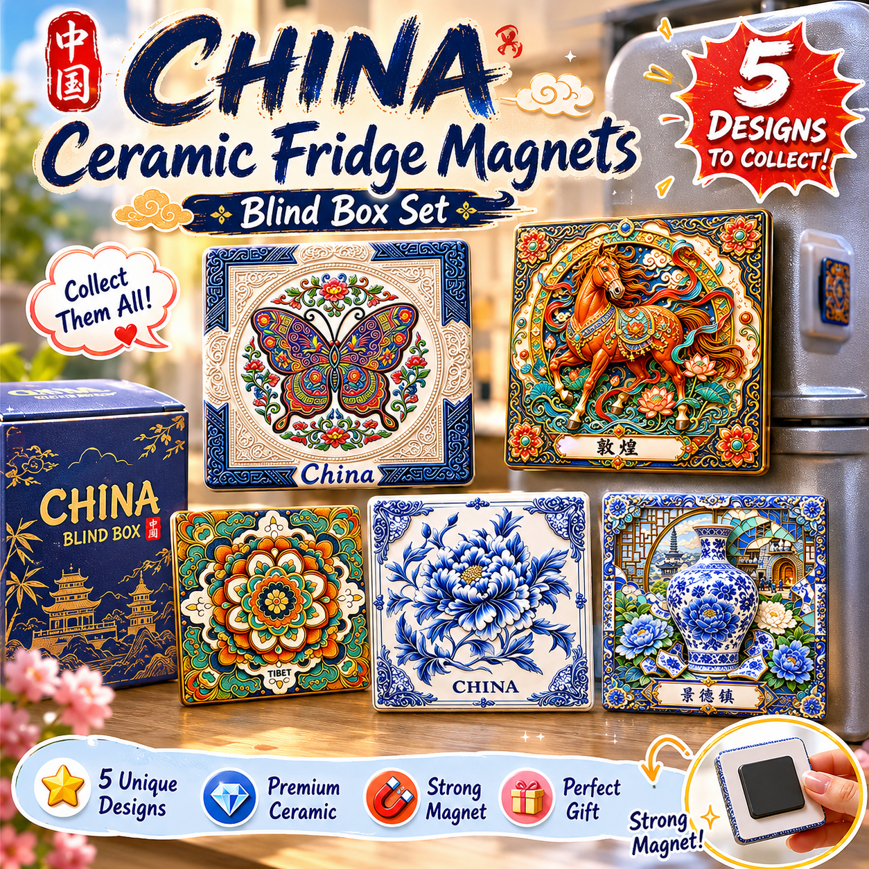 Chinese Ceramic Fridge Magnet Blind Box Set of 5 – Collectible China Heritage Series
