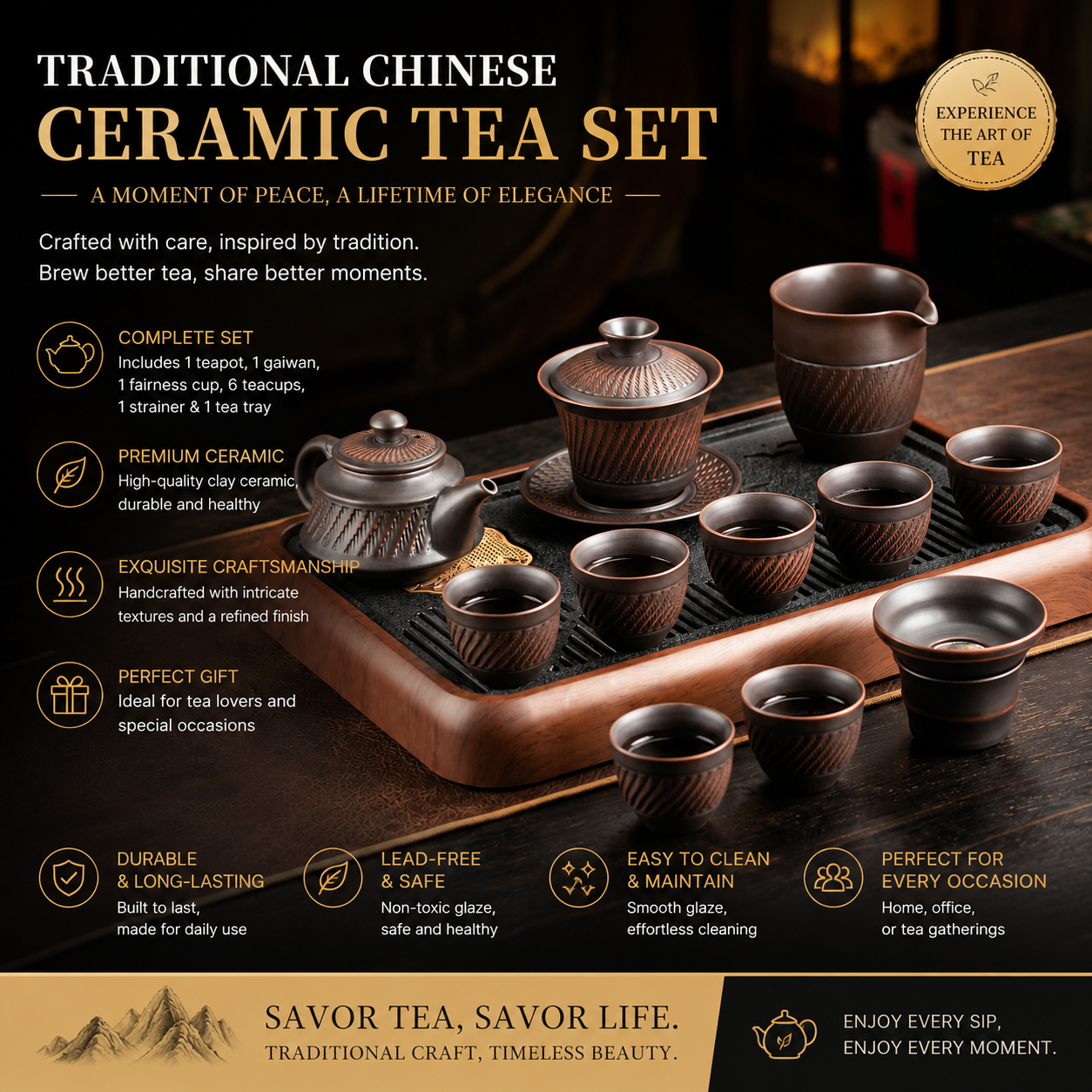 Traditional Chinese Ceramic Tea Set with Gaiwan – Complete Gongfu Tea Ceremony Gift Collection