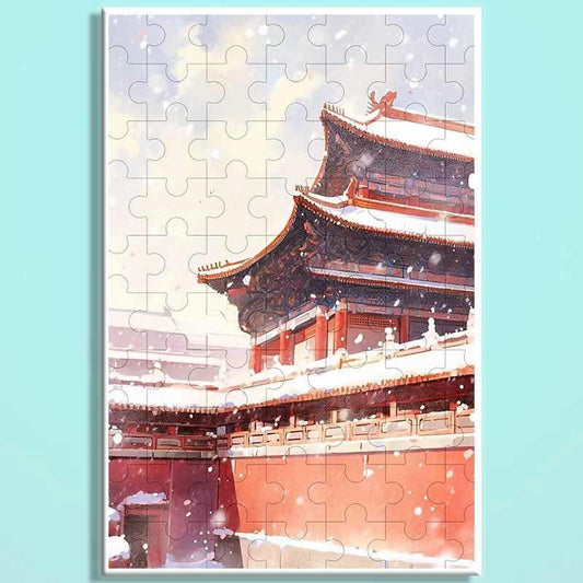 Forbidden City Snowfall Wooden Puzzle – Chinese Palace Winter Landscape Jigsaw, Oriental Snow Scene Puzzle Art for Adults & Cozy Home Decor FC009