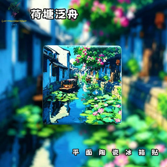 Lotus Canal Water Town Ceramic Fridge Magnet – Chinese Jiangnan Riverside Refrigerator Magnet, Oriental Cottagecore Home Decor Gift