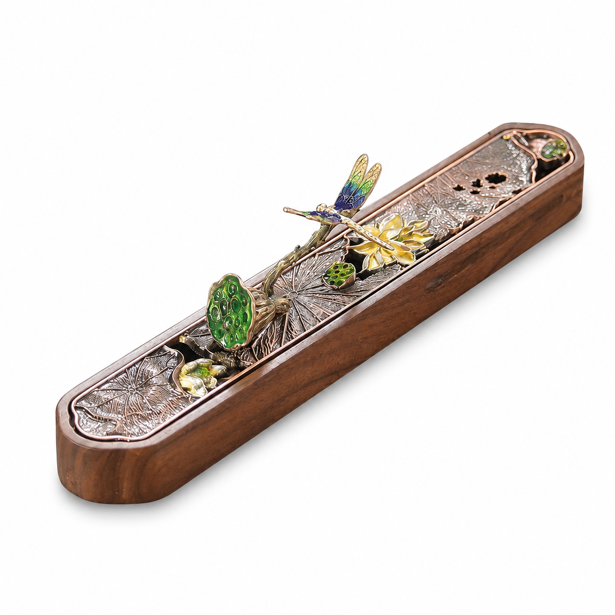 Handcrafted Dragonfly Lotus Incense Holder featuring a brass dragonfly, lotus flower, lotus pod, and wooden tray, designed for incense sticks, meditation, tea ceremonies, and Zen home décor.