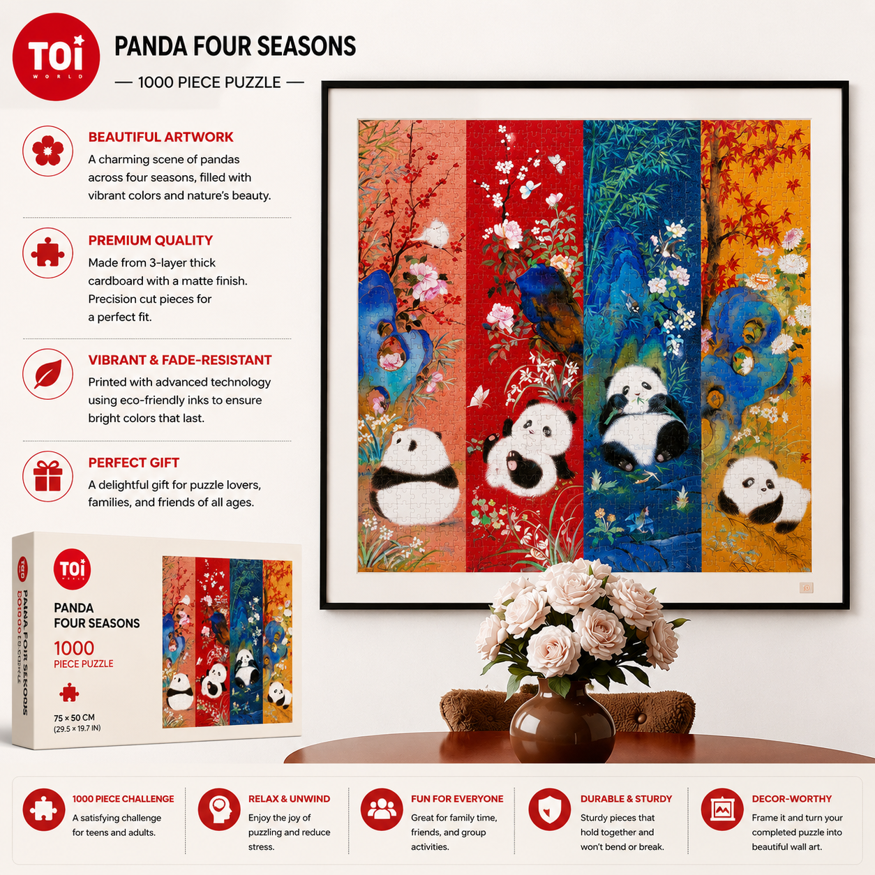 Panda Four Seasons Jigsaw Puzzle – Cute Panda Puzzle, Chinese Aesthetic Wall Art, Healing Nature Puzzle Gift For Adults & Teens