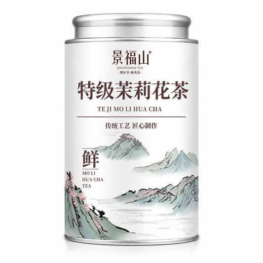 Premium Eight-Scented Jasmine Green Tea 250 g with curled green tea leaves and pale jasmine petals