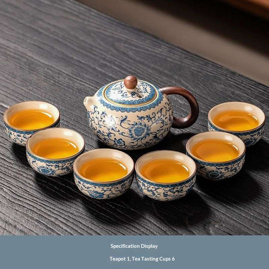 Blue and White Porcelain Gongfu Tea Set - 7-Piece Chinese Peony Floral Teapot Set | Classic Qinghua Ceramic Tea Ceremony Kit