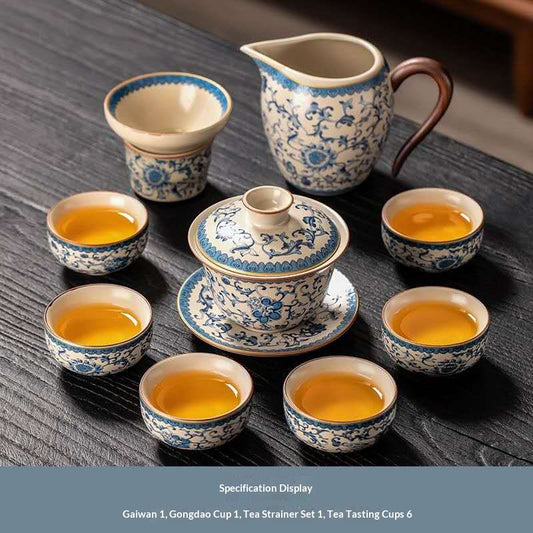 Blue and White Porcelain Gaiwan Gongfu Tea Set - 9-Piece Chinese Qinghua Floral Tea Ceremony Kit with Fairness Cup & Strainer | Classic Peony Design