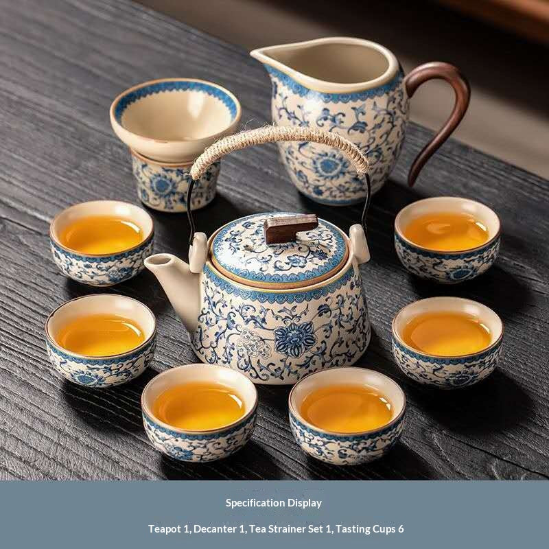 Blue and White Porcelain Gongfu Tea Set - 9-Piece Chinese Qinghua Floral Teapot & Decanter Kit with Strainer | Classic Peony Ceramic Ceremony Set