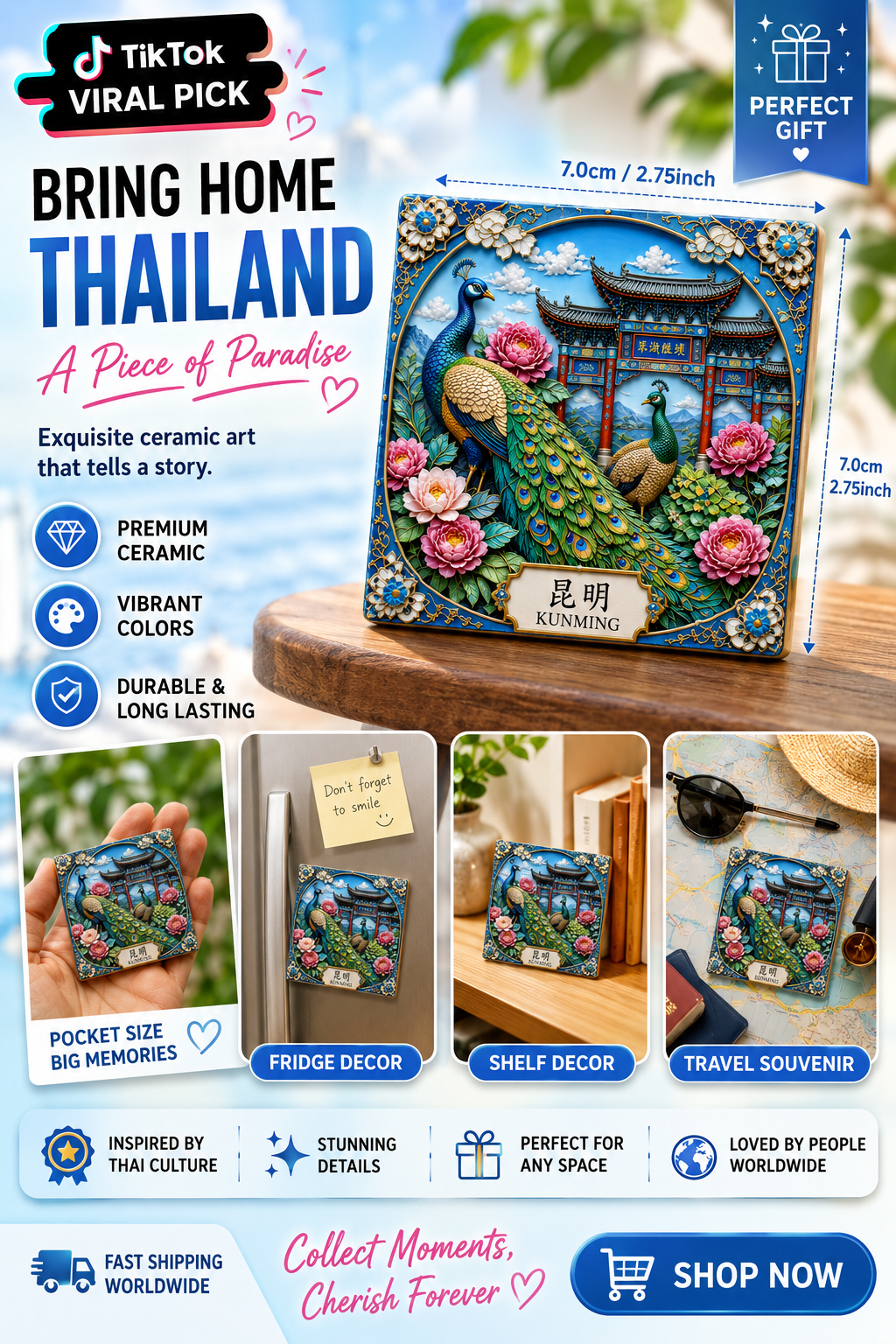 Thailand Peacock Ceramic Fridge Magnet