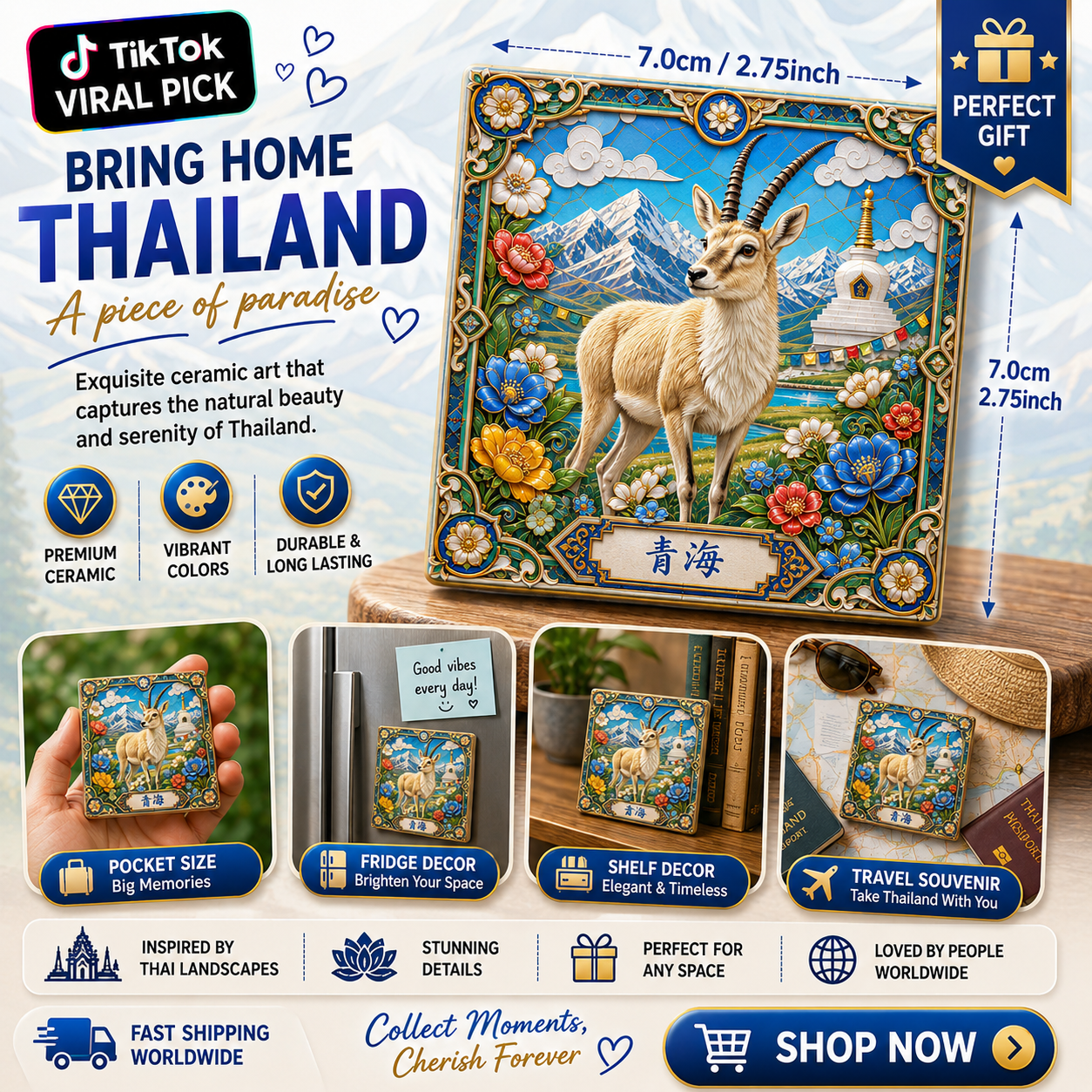 Thailand Mountain Antelope Ceramic Fridge Magnet