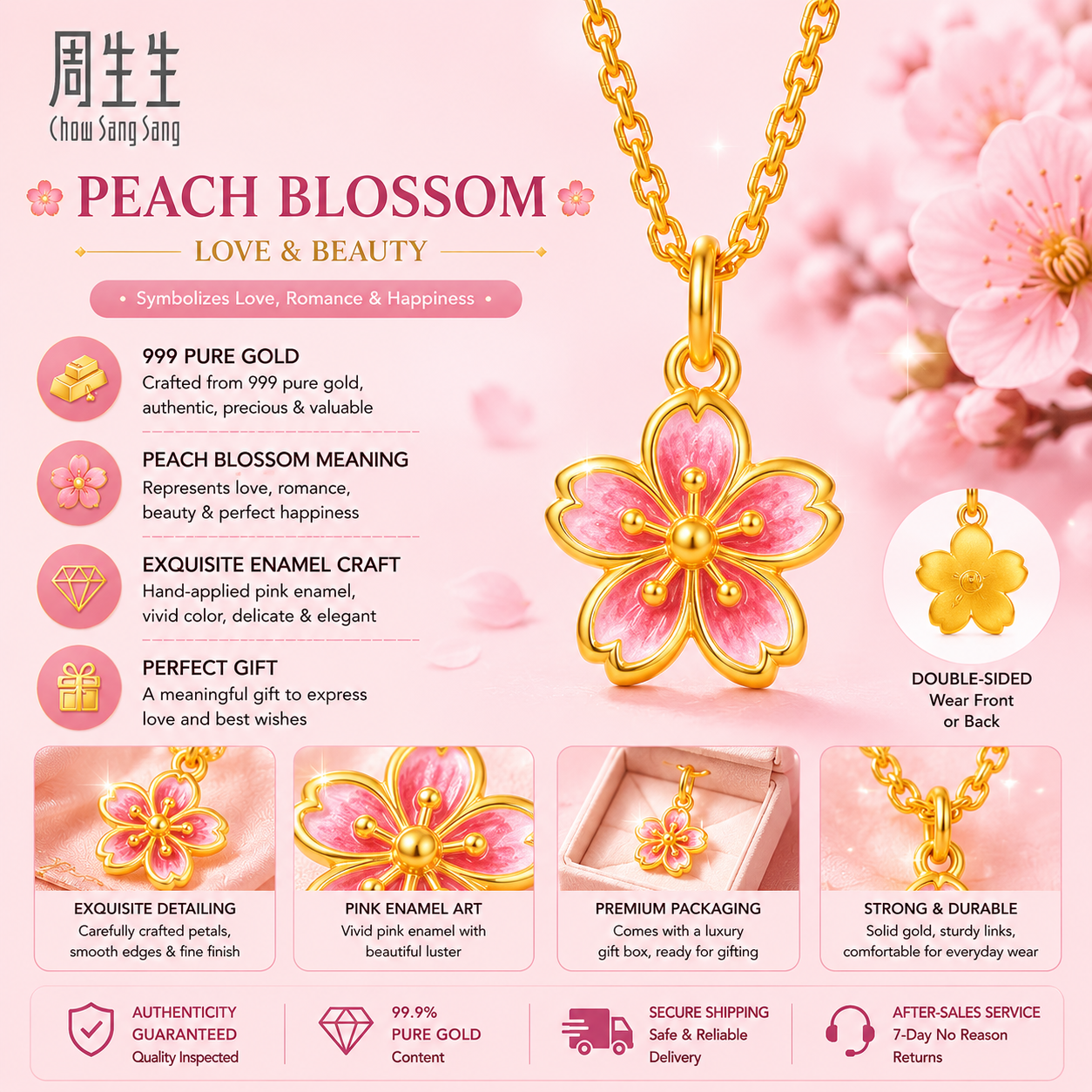 999 Pure Gold Peach Blossom Charm – Symbol of Love, Beauty & Blooming Life