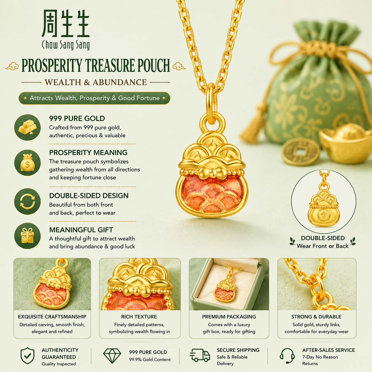 Prosperity Treasure Pouch Pure Gold Pendant – Wealth Attraction Charm | Oriental Abundance Collection