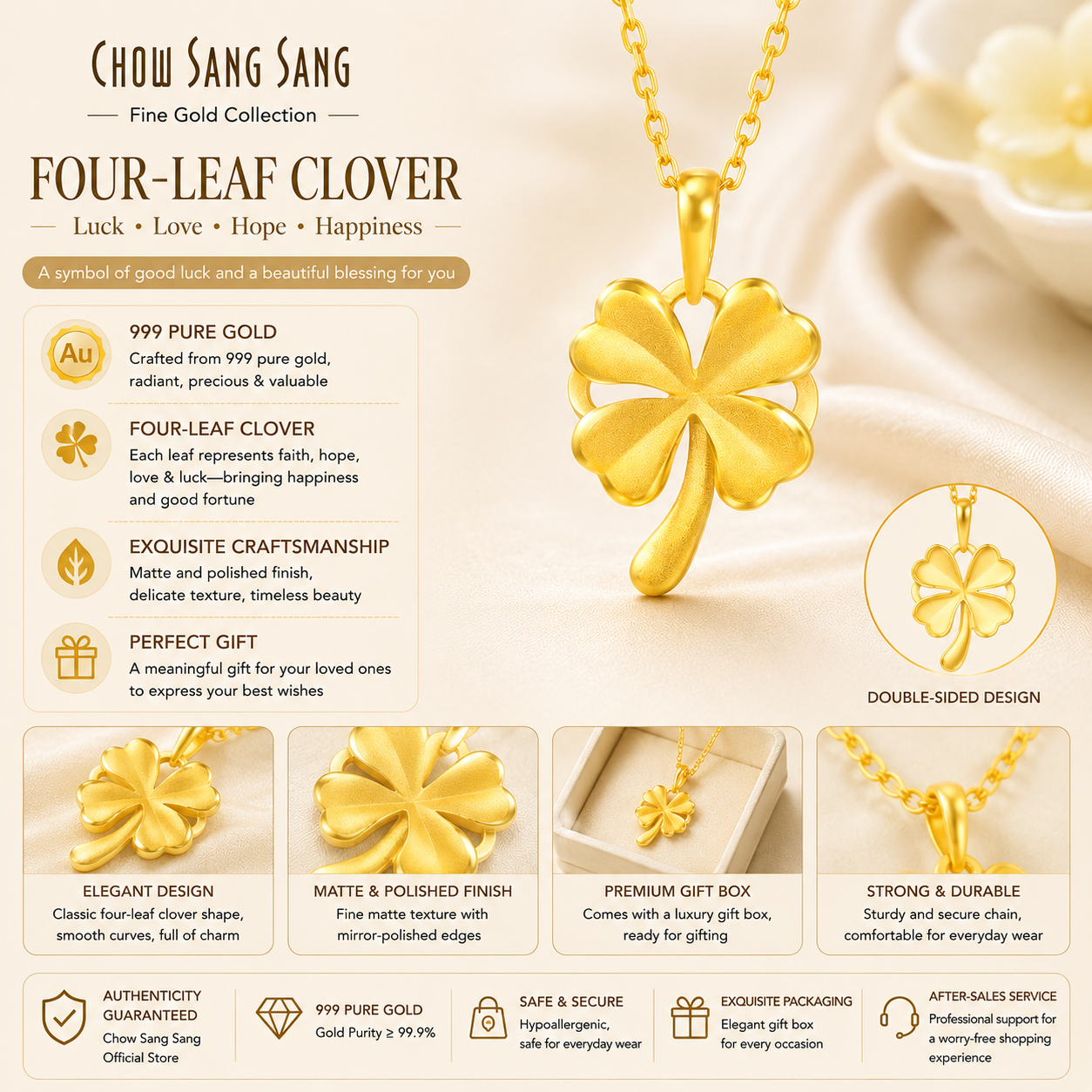 999 Pure Gold Four Leaf Clover Pendant – Symbol of Hope, Love & Beautiful Possibilities