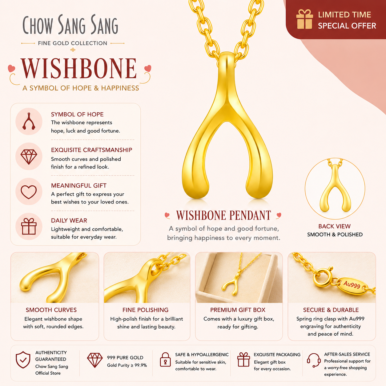 999 Pure Gold Wishbone Pendant – Symbol of Hope, Wishes & New Beginnings