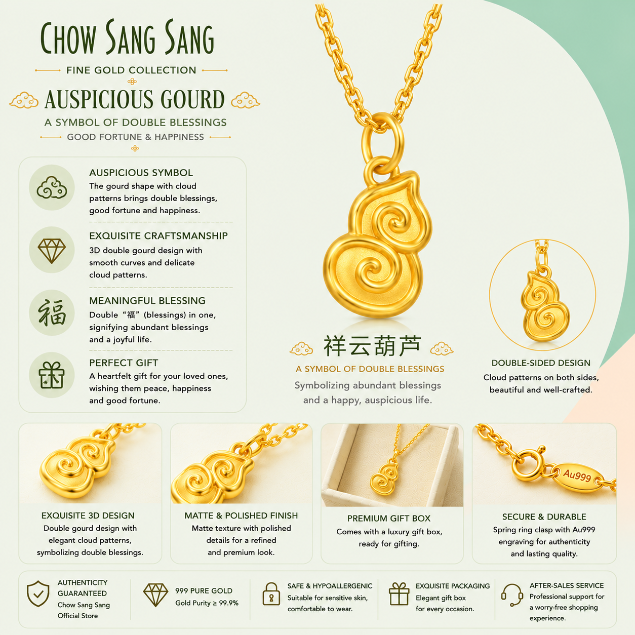 999 Pure Gold Double Blessing Gourd Charm – Chinese Blessing Pendant for Happiness & Abundance  Meta Desc
