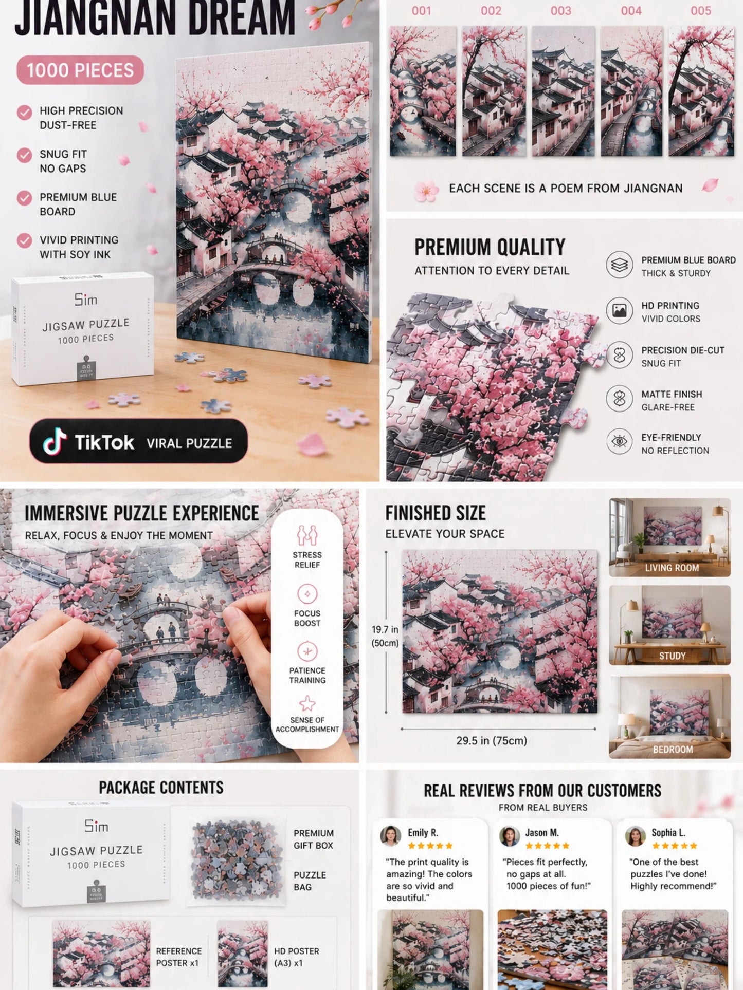 Jiangnan Cherry Blossom Puzzle – Chinese Water Town Landscape Jigsaw Puzzle, Relaxing Art Gift & Wall Decor for Adults 001