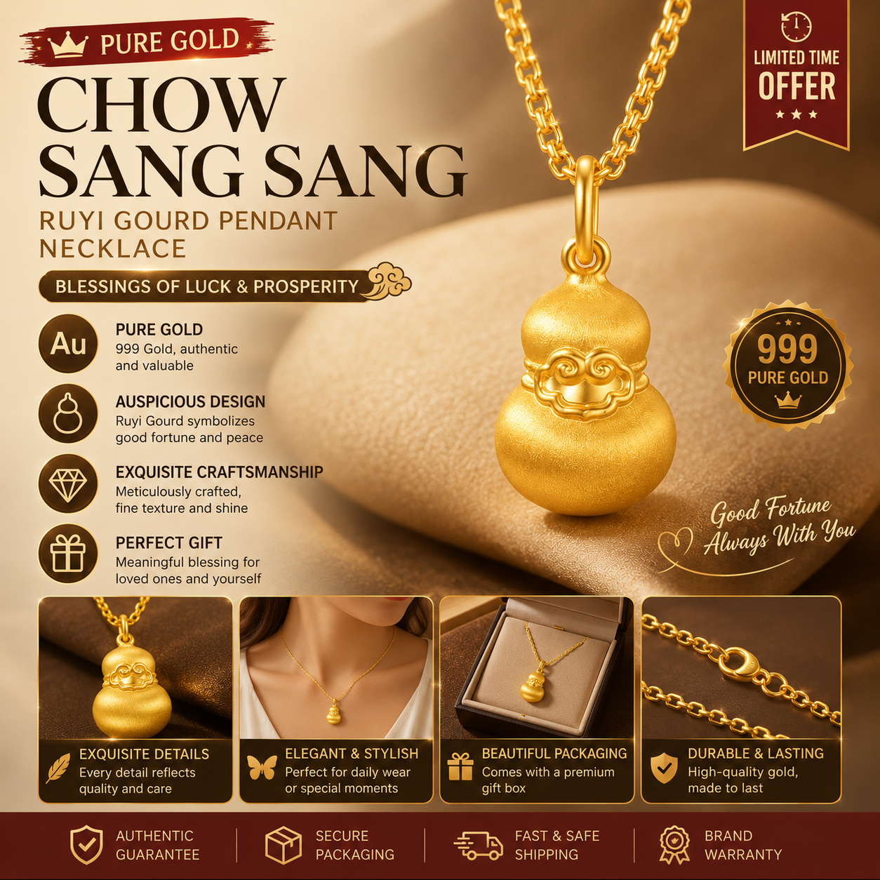 24K Gold Wulu Pendant Necklace – Oriental Feng Shui Lucky Gourd Jewelry