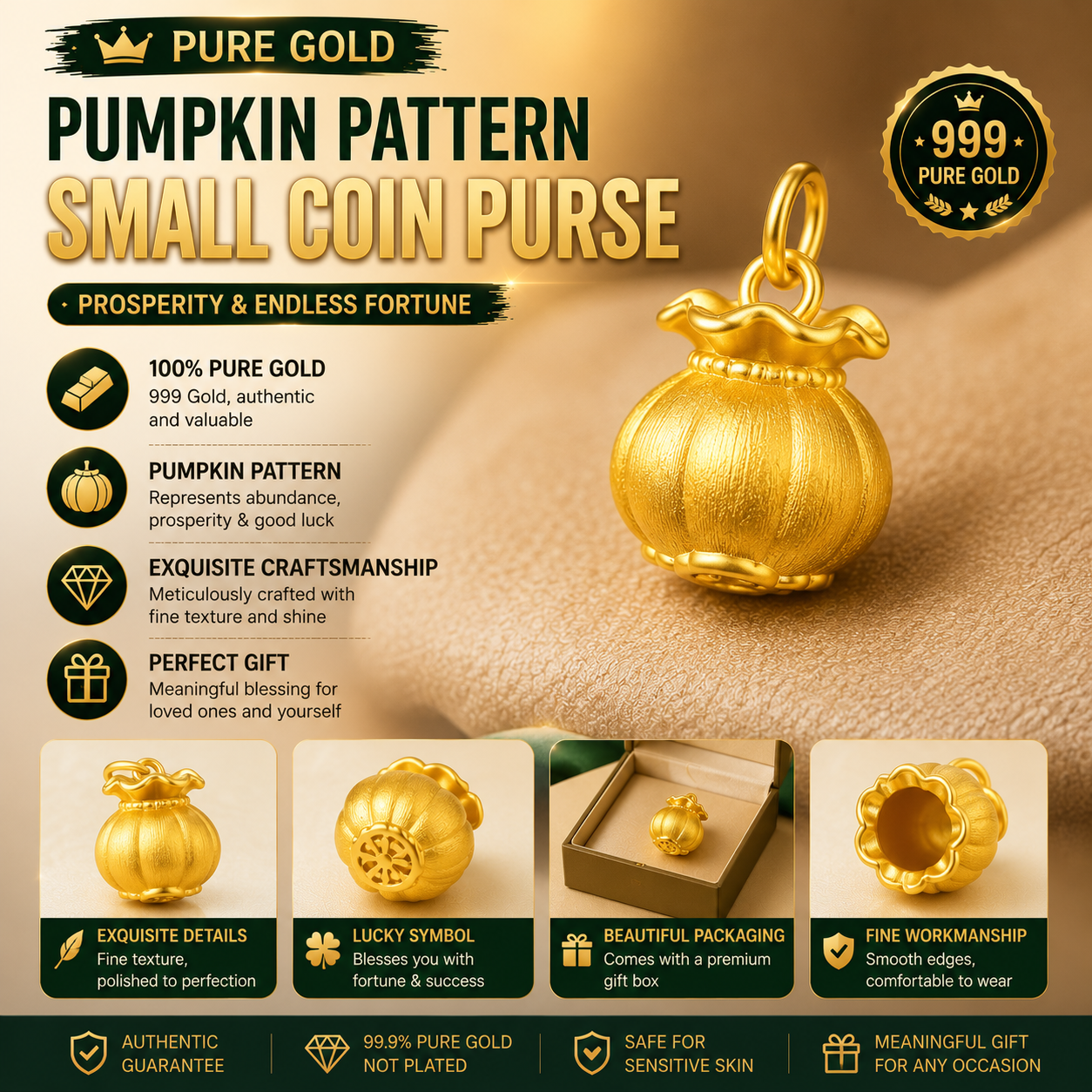 999 Pure Gold Fortune Money Bag Charm – Oriental Symbol of Abundance, Blessings & Meaningful Wealth
