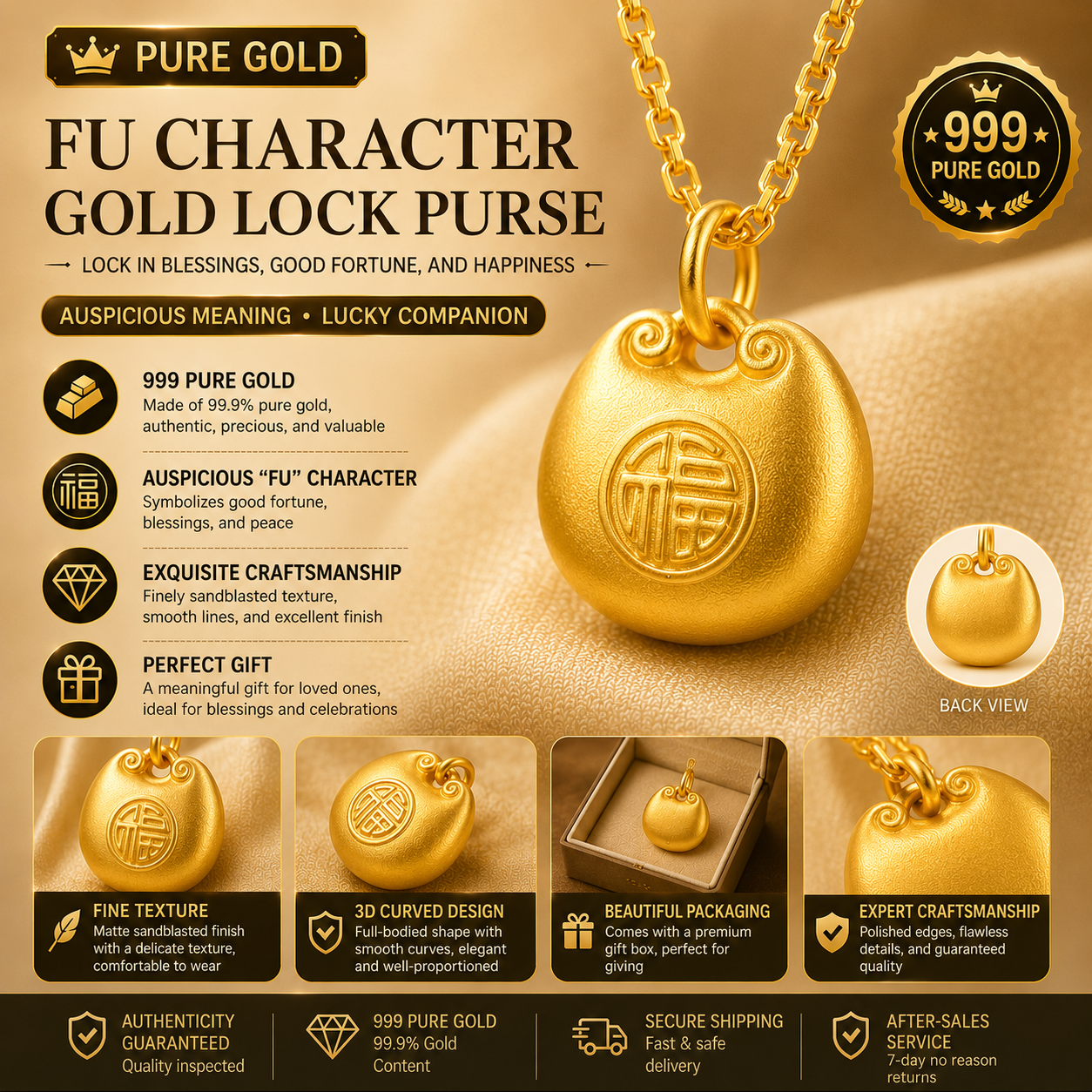 24K Gold Fu Lock Pendant – Oriental Lucky Blessing Charm Jewelry