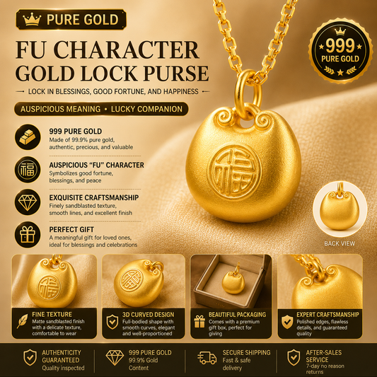 24K Gold Fu Lock Pendant – Oriental Lucky Blessing Charm Jewelry